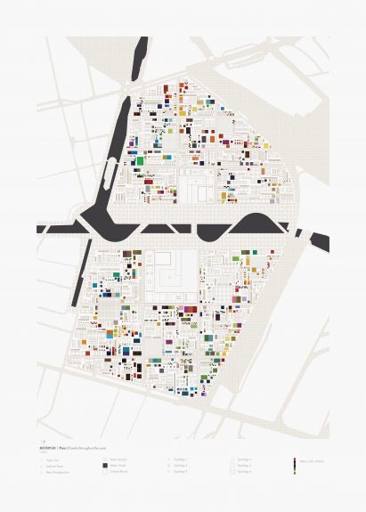 Aerial map of city with different colour-coded segments
