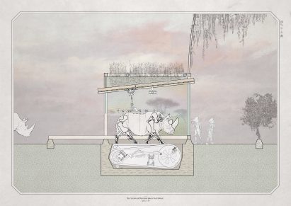 Sectional view of a contraption with a rhino on it