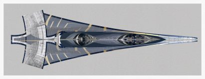 Aerial view of streamlined rocket ship
