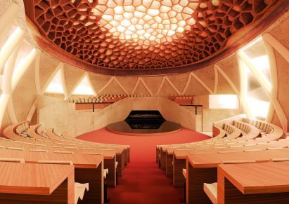 Visualisation of a lecture hall-style space with a fragmented ceiling