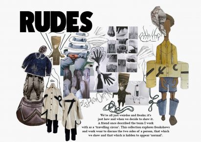Collage of models and text on white background