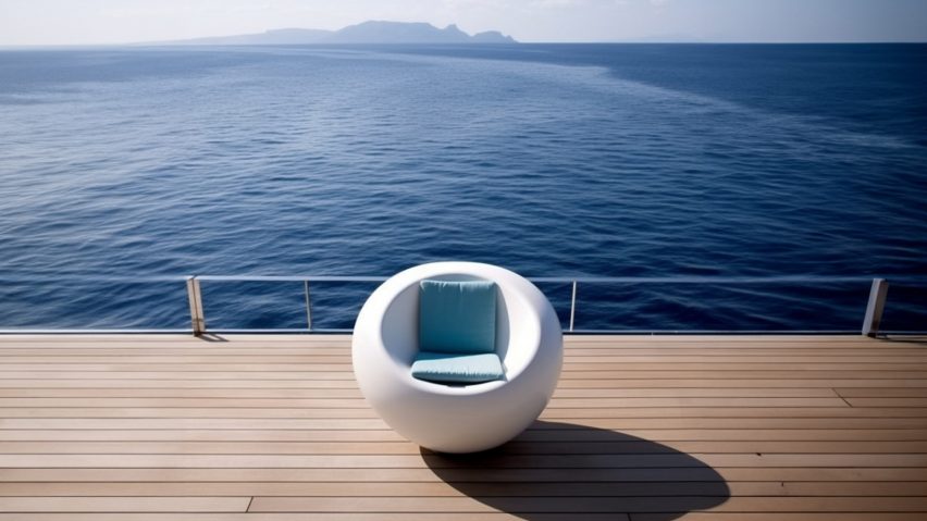 Spherical white lounge chair on a wooden deck on a boat at sea