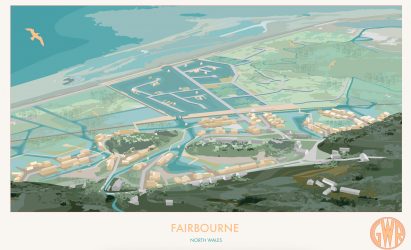 Illustration showing coastal town in the style of a vintage railway poster
