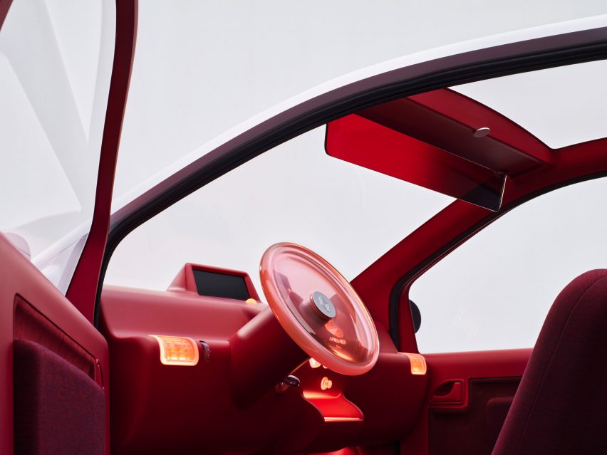 Raspberry-red interior of Sabine Marcelis' Twingo