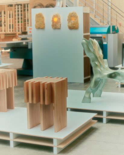 Egg yolk lamps and wooden stool
