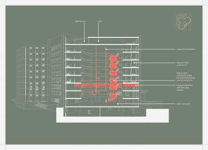 Architectural drawing showing section of healthcare building