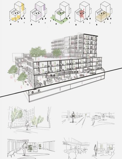 Board showing multiple architectural drawings of residential building