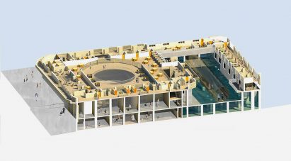 3D architectural drawing showing mixed-use brutalist building