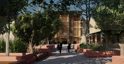 Visualisation showing leafy university campus 