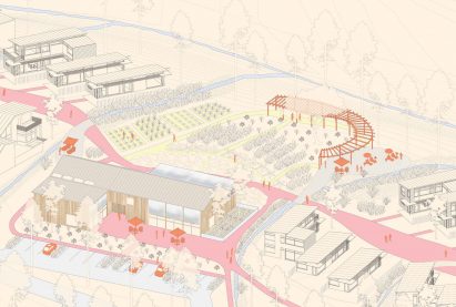 Visualisation showing outdoor scheme with planting and gathering areas