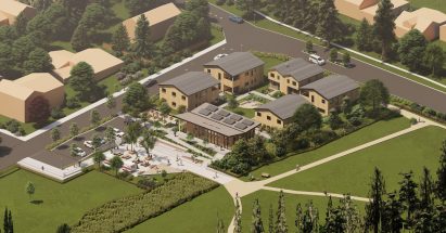 Visualisation showing housing scheme in corner of dog park