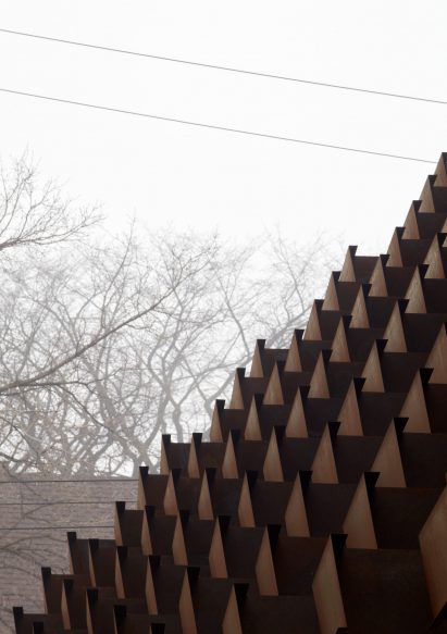Weathering steel screen detail with cloudy sky and winter trees