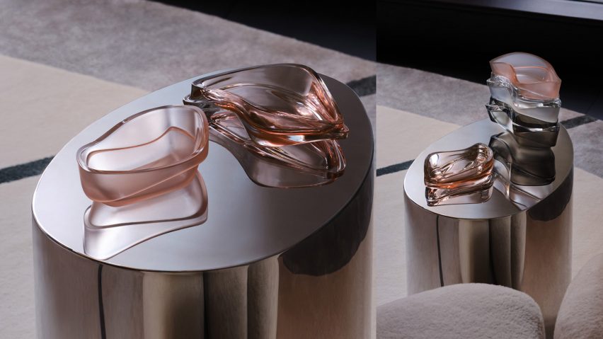 Photograph showing coloured glassware on coffee table
