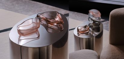 Photograph showing coloured glassware on coffee table