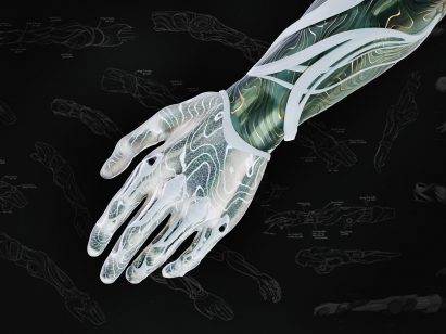 High-tech prosthetic hand on black background