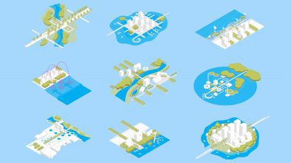 Nine small diagrams on light blue background