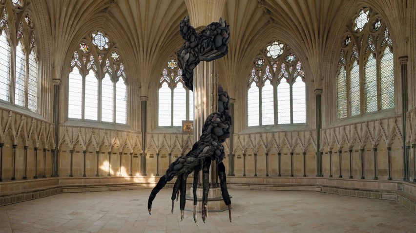 Render of an installation around a pillar in Wells Cathedral