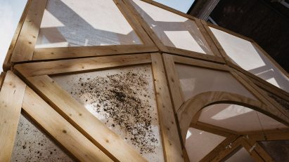 Photo of a wooden pavilion at Chart Art Fair 2022