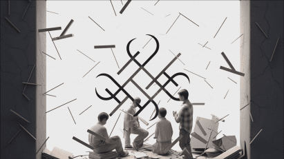 Render of people and a symbol