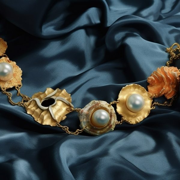 Photograph of jewellery on a silky navy background