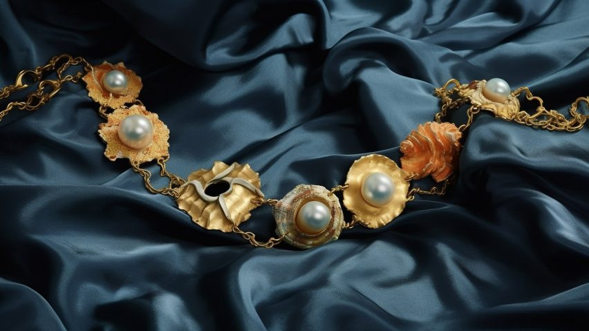 Photograph of jewellery on a silky navy background