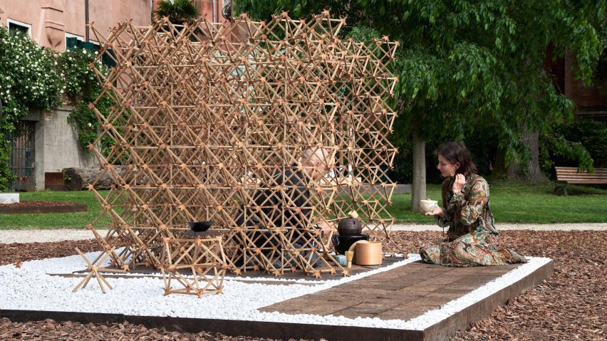 Tokyo-based Mitsubishi Jisho Design has made a teahouse from food-waste-based materials at the Venice Architecture Biennale