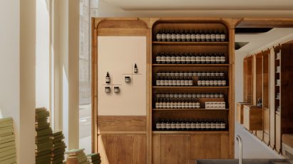 Stacked books within the interior of the Aesop store in Marylebone