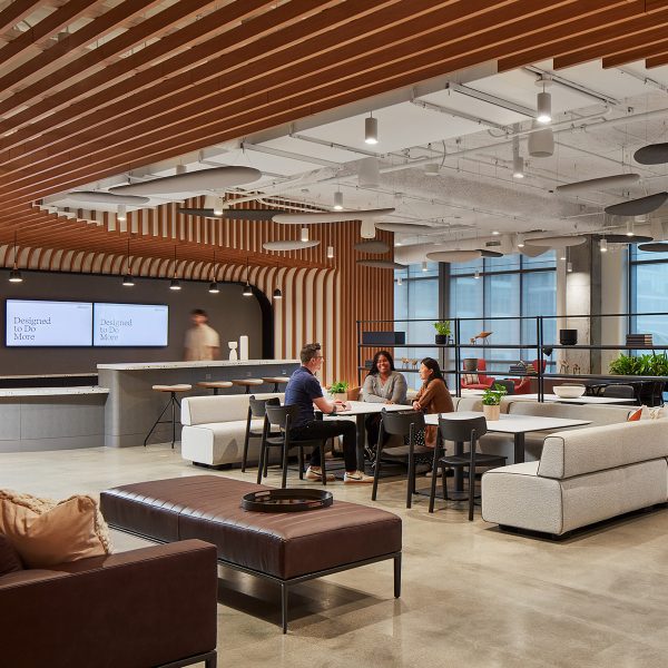 Allsteel workspace exhibition interior with timber ceiling and sofas