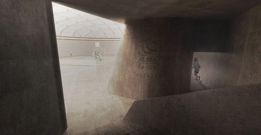 An interior rendering of an underground sports complex with shadow and light