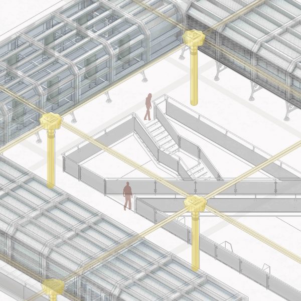 Isometric interior architecture drawing by a Leeds Beckett University student