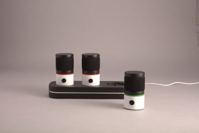 Display of a three-part portable device that monitors domestic dogs