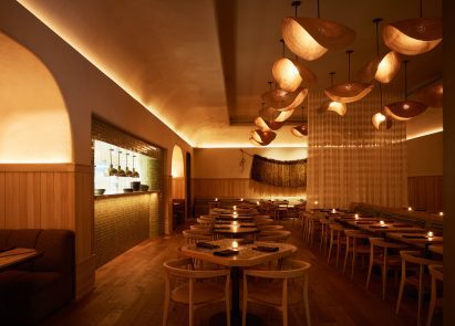 Dining room with warm lighting