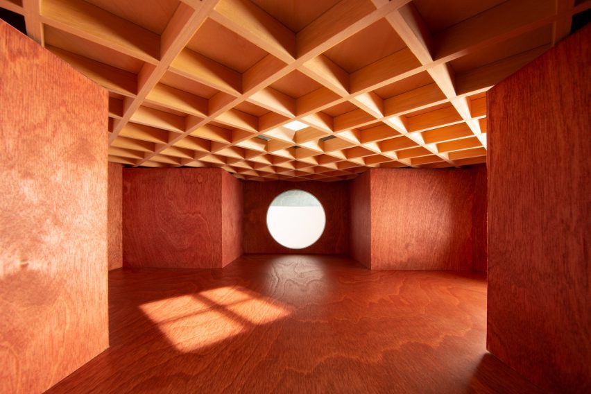 Interior model of Carmody Groake's square timber pavilion at the Dulwich Picture Gallery