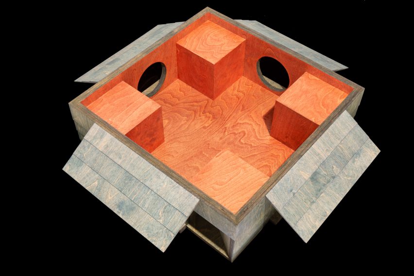 Model of the internal layout of Carmody Groake's square timber pavilion
