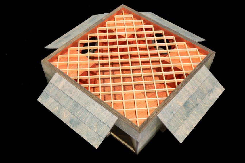Model of Carmody Groake's square timber pavilion with timber roof structure