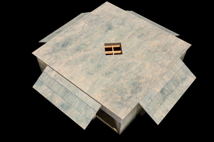 Model of Carmody Groake's square timber pavilion at the Dulwich Picture Gallery