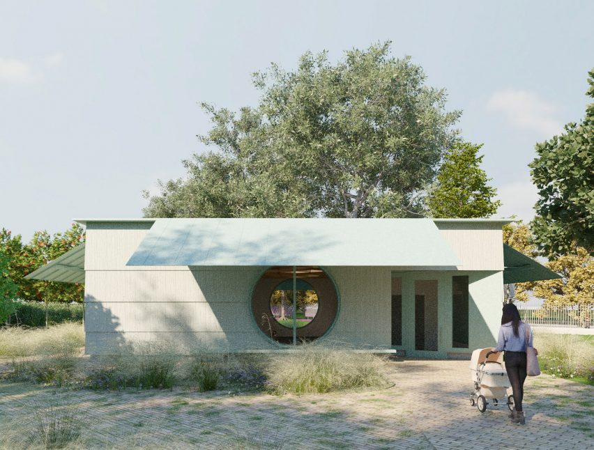 Render of Carmody Groarke's square pavilion at the Dulwich Picture Gallery
