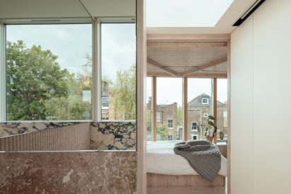 View from bathroom to bedroom in Larch Loft extension
