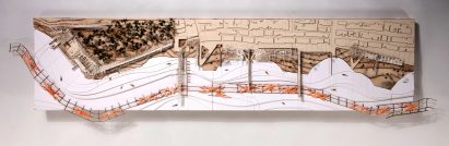 Physical scale architectural model of 3D-printed coral structures along a beachfront in Pedregalejo, Spain