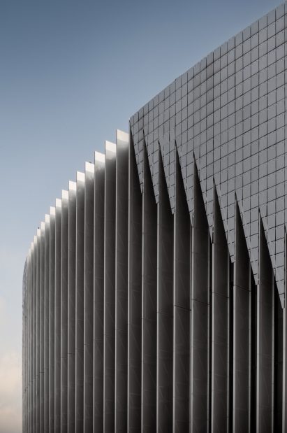 A close up of the aluminum panels on the facade of the National Biodiversity Pavilion in Mexico.