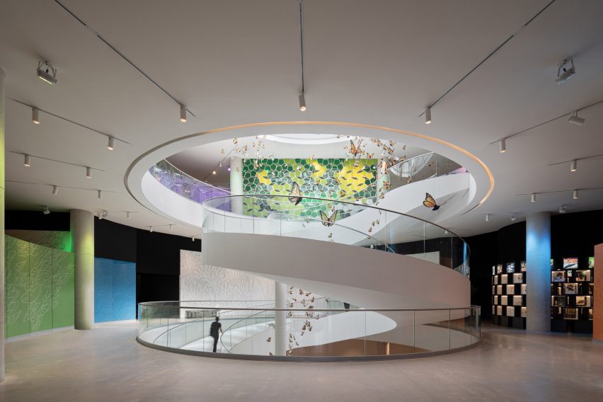 A staircase in a museum in Mexico.