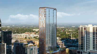 Wilson Tower rendering with Austin skyline