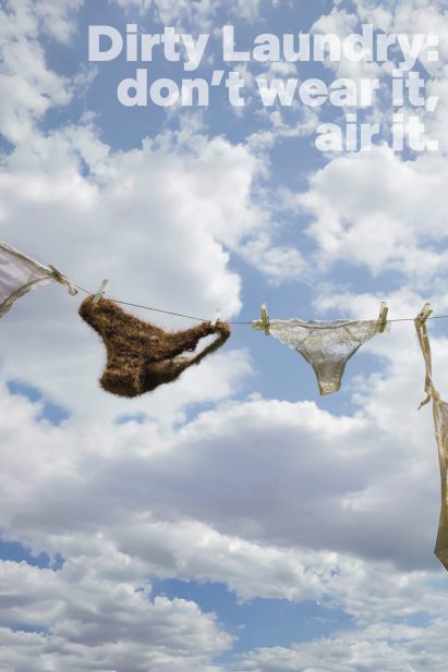 Photograph of washing line with underwear on it with sky in background