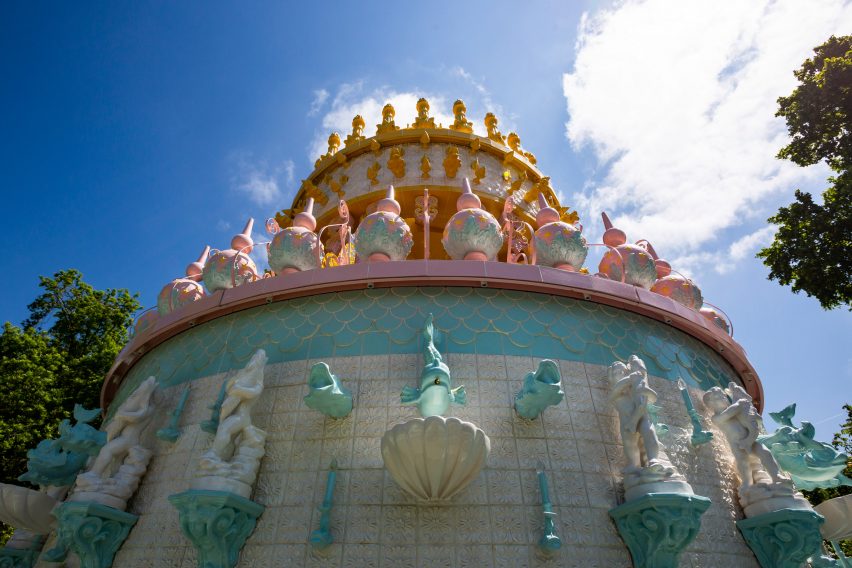 Looking up at the tiers of the ceramic Wedding Cake