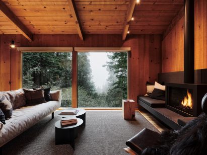 Stand-alone fireplace with built-in seating