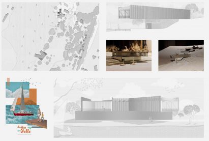 Board showing architectural drawings, models and renderings of a learning centre in the Lake District, England