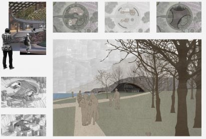 Board showing architectural drawings, collages and renderings of a bee colony protection and education hub in the Lake District, England