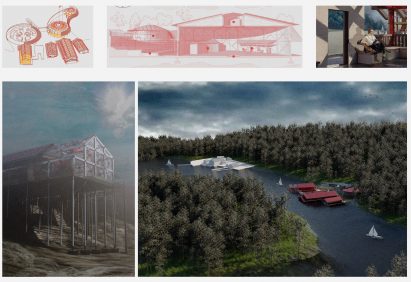 Board showing architectural drawings renderings of a learning centre in the Lake District, England