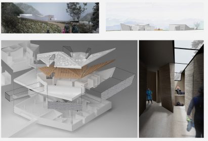 Board showing architectural drawings and renderings of a learning centre in the Lake District, England