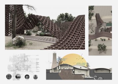 Board showing architectural drawings and renderings of a research and development lab in the Timbuktu, Mali
